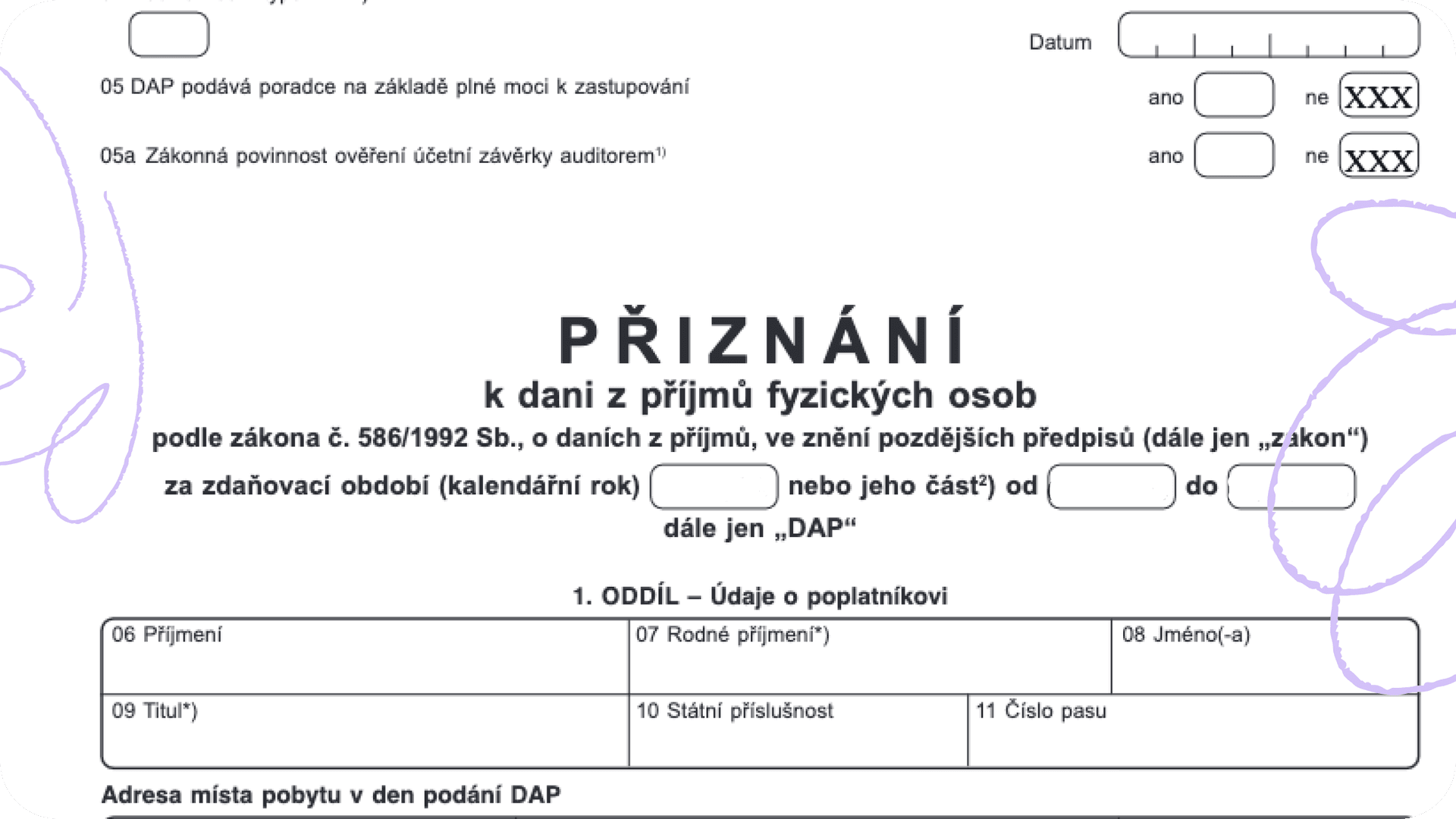 Official Czech income tax return form used for annual filing by self-employed persons and employees in the Czech Republic — sample document referenced in Pexpats’ tax-filing guide